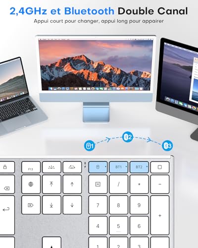 OMOTON Aluminium Wireless Mac Keyboard, 2.4G & Bluetooth (BT1/BT2), AZERTY Backlit Keyboard for Apple Macbook Pro/Air, Mac Mini, iMac, iMac Pro, Silent Rechargeable, Silver
