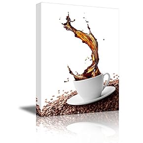 Canvas Prints Wall Art - Cup of Coffee with Splash Surrounded by Coffee Beans | Modern Wall Decor/Home Decoration Stretched Gallery Canvas Wrap Giclee Print & Ready to Hang - 12" x 18"