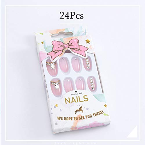 Yalice 24Pcs Pink Glossy False Nails Crystal Full Cover Medium Oval Fake Nails Nude Wedding Party Nail for Women and Girls