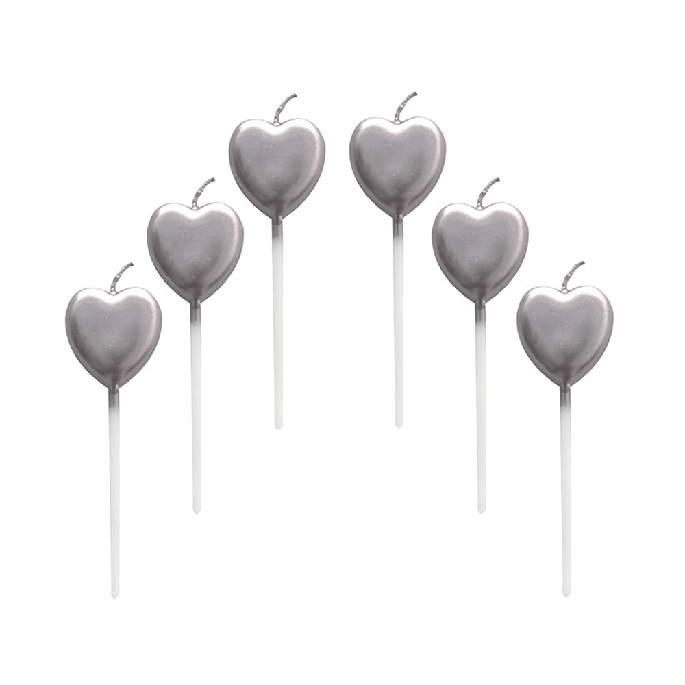 Heart Birthday Candles,6 Pcs Metallic Exquisite Cake Candles for Birthday Wedding Party Cupcakes Topper Decorations Anniversary Valentines Day,Silver