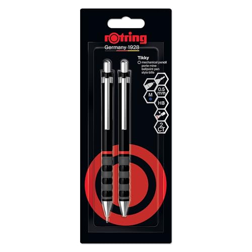 rOtring Tikky Mechanical Pencil & Ballpoint Set | HB Lead, 0.5 mm Pencil | Medium Point Pen | Black Barrel | Lightweight with Rubberised Grip