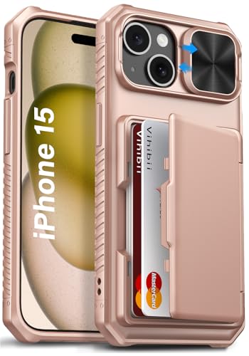 Vihibii for iPhone 15, iPhone 14, iPhone 13 Case Wallet with Card Holder (4 Cards) [RFID Blocking] & Slide Camera Cover & Raised Edges Protect Screen, Shockproof Rugged Case, 6.1", Rose Gold