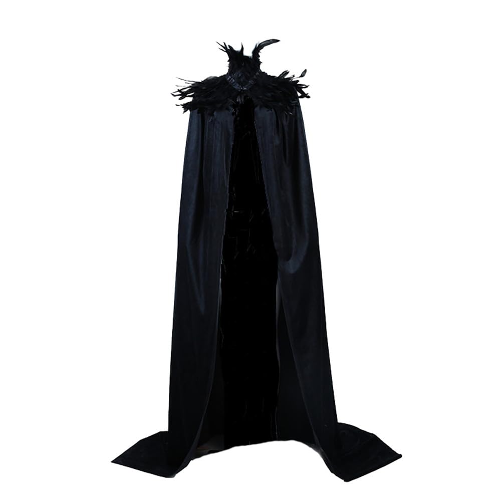 Yoodeet Unisex Gothic Black Witch Velvet Cloak Feather Stand Collar High Necked Feather Scarf Cloak Women Costume Robes Party Costume Extra Long Cape for Men