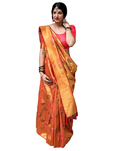 DesiButik's Party Wear Elegant Orange Kanjivaram Silk Saree - Thumbnail 3