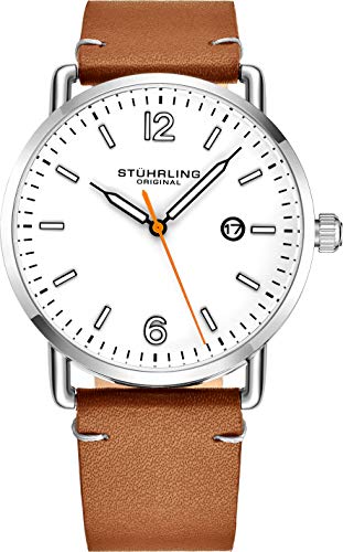 Stuhrling Original Brown Leather Watch Band White Dial Vintage Style 38mm Case with Date - 3901 Mens Watches Collection