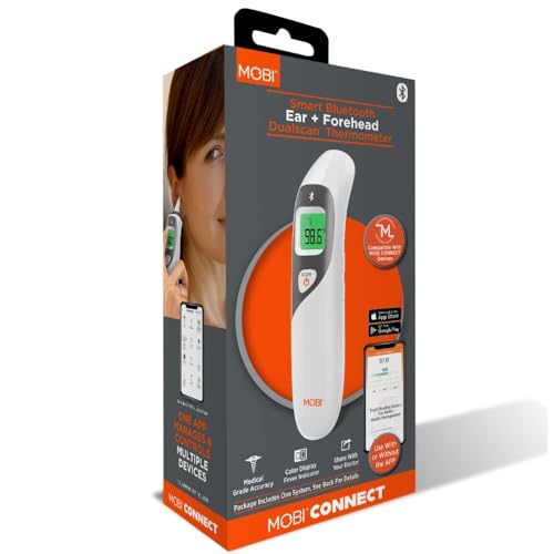 MOBI CONNECT Smart DualScan Bluetooth Ear & Forehead Thermometer - Backlit Screen, LED Fever Indicators, Memory Recall of Last 20 Readouts, Farenheit & Celsius Mode, Room Temperate with Date & Time