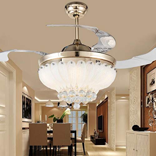 Crystal Ceiling Fan with Lights and Remote, Retractable Blades Ceiling Fan 3 Colors 3 Speeds Dimmable with Silent Motor Modern Chandelier Fan, Crystal Ceiling Fandelier for Bedroom Living Room 42 Inch