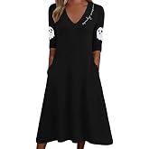 Women's Fall 3/4 Sleeve Halloween Shirt Dress Casual Autumn Pumpkin Genie Witch Thanksgiving Day V Neck Sundress Skirt