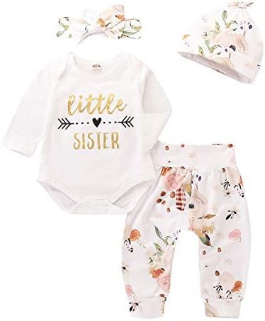 SWNONE Little Sister Newborn Outfit Bodysuit Tops Floral Pants Bowknot Headband Hat Outfits Set