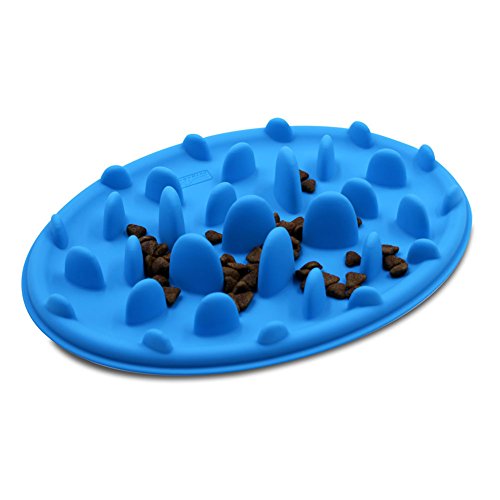 PETBABA Dog Bowl Slow Feeder, Interactive Puzzle Fun Silicone Nonskid Feed Dish, Against Bloat in Eating Food, Keep Your Cat Pet Healthy - L in Blue