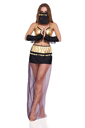 Women Belly Dance Skirt Costume Halter Bra Top Face Veil Coins Sparkly 5 Piece Set (Gold)
