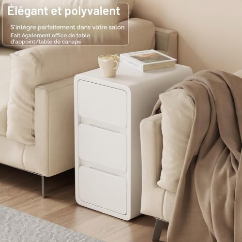 AQIMUELE Narrow Bedside Table, Wooden Bedside Table with 3 Drawers, 30W x 40D x 57H cm, without Installation, Leather Surface, Side Table for Bedroom, Living Room (White)