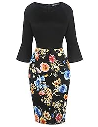 oxiuly OX292 Vestido de mujer con cuello redondo y manga acampanada floral