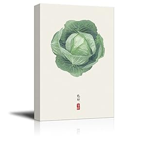 Canvas Wall Art - Water-Painted Vegetable Cabbage with Chinese Writing - Giclee Print Gallery Wrap Modern Home Art Ready to Hang - 12x18 inches
