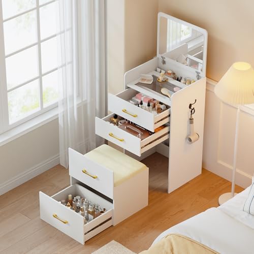 Lvifur Corner Dressing Table with Mirror, Corner Dressing Table with Stool, Large Storage Space with Drawers, Dressing Table for Apartment, Small Room