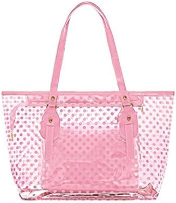 STONG Waterproof Clear Beach Tote Bags Transparent PVC Zipper Polka Dot Beach Shoulder Handbag with Interior Pouch for Home Office Beach (Pink)