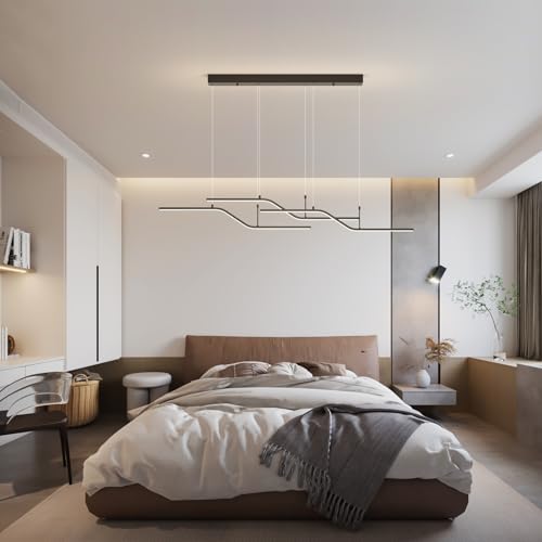 Siittoo Moderna lámpara colgante negra, lámpara de araña LED regulable de 45 W con control remoto, lámpara colgante lineal de 3 ondas de luz para comedor, cocina, isla de restaurante (52 pulgadas)