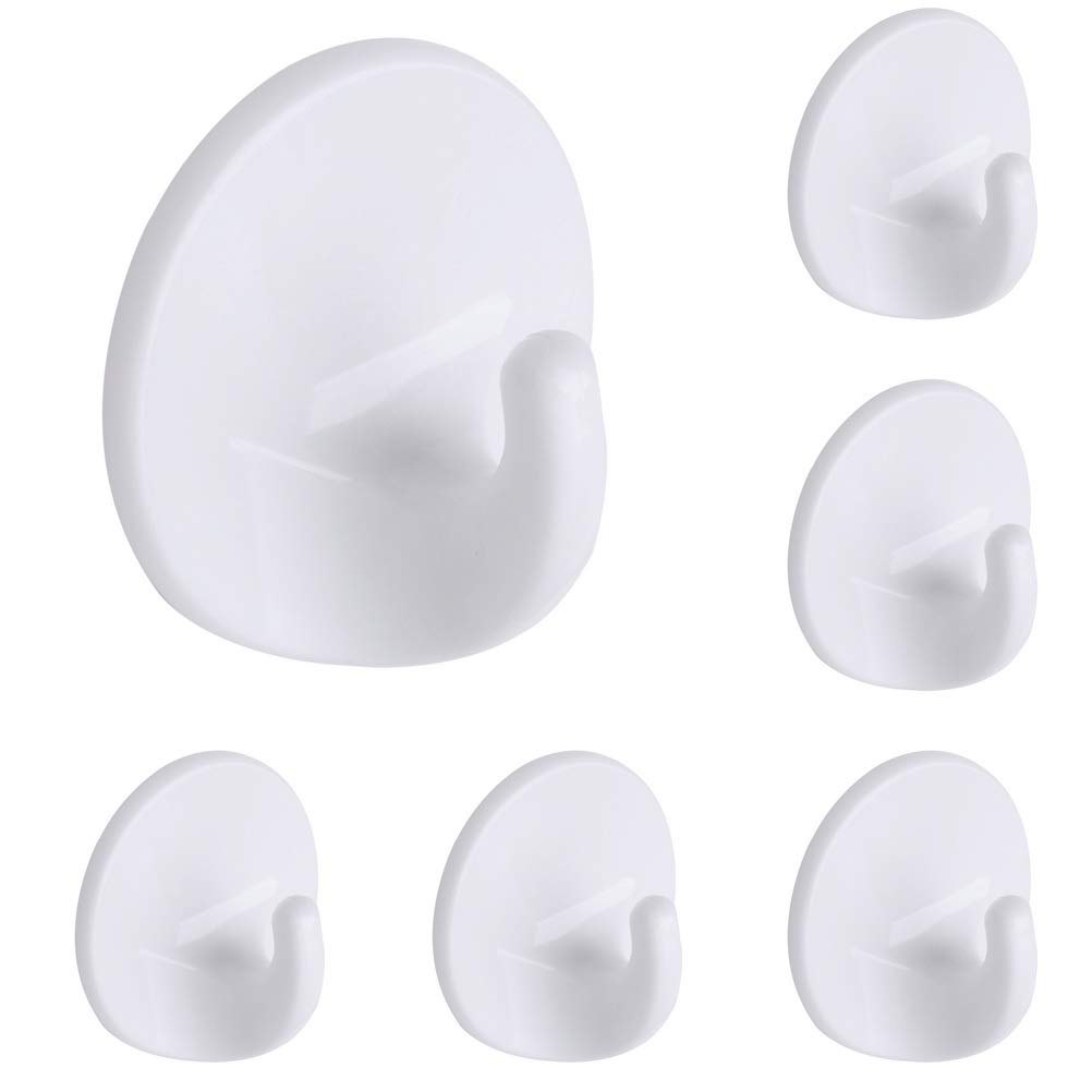 kuou 6 Packs Self Adhesive Plastic Hooks, Seamless Wall Hooks Heavy Duty Stick On Multi-Purpose White Hooks for Kitchen Bathroom Office Closet