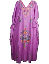 Mogul Womens Caftan Kashmiri Floral Embroidered Cotton Kaftan Maxi Dress (Pink 1)