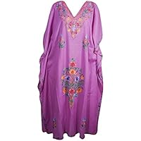 Mogul Womens Caftan Kashmiri Floral Embroidered Cotton Kaftan Maxi Dress (Pink 1)