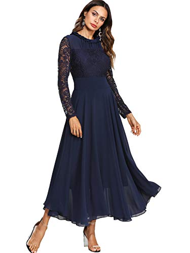 DIDK-Damen-Maxikleider-Langarm-Spitzen-Plissee-Brautjungfernkleid-Kleider-A-Linie-Kleid-Stehkragen-Ballonkleid-Hoher-Taille