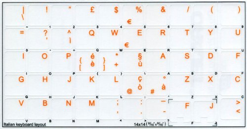 ITALIAN KEYBOARD LABELS ON TRANSPARENT BACKGROUND WITH ORANGE LETTERING (14X14)