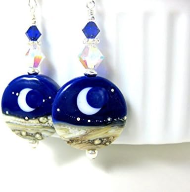 Moon Cobalt Blue White Lampwork Glass Sterling Silver Earrings