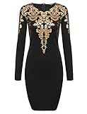 ACEVOG Women's Long Sleeves Gold Foil Print Vintage Cocktail Dresses, Medium, Black