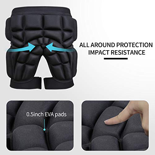 3D Protective Hip Pad Protective Gear Guard Drop Resistance Hip Butt Tailbone EVA Padded for Ski Roller Skating Skateboarding Snowboard Ice Skating Hockey Cycling Fits Kids Teens Adults (XS) Black