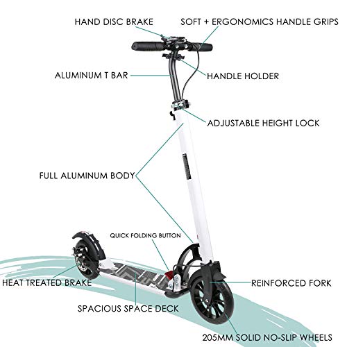 VOKUL Foldable Kick Scooter for Adults Teens Kids with Big 200mm Wheel,Hand Disc Brake Two-Wheels Commuter Scooter -Aesthetic Design,Full Aluminum Body,3 Seconds Easy-Folding System,220lbs Capacity