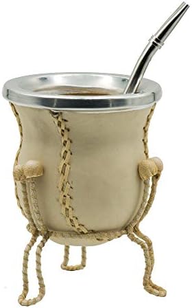 Handmade Mate Gourd Wrapped With Leather on stand and Metal Bombilla
