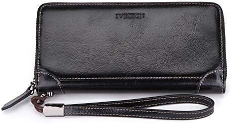 IVESIGN Women's Wax Genuine Leather Wallet RFID Blocking Credit Card Holder Organizer Purse With Wristlet (Black)