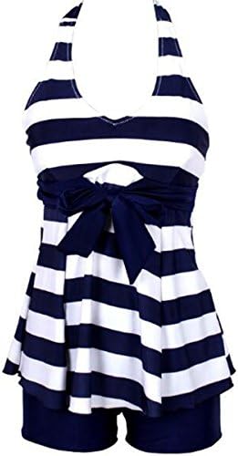 Women's Halter Two Piece Tankini Sets Tops Padded Swimsuit with Boyshort,Blue&amp;white Strippe,Large