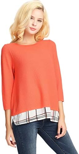 Women's Knit Pullover Sweater Top 3/4 Sleeve 2Fer Loose Casual Pullover Layered Sweater