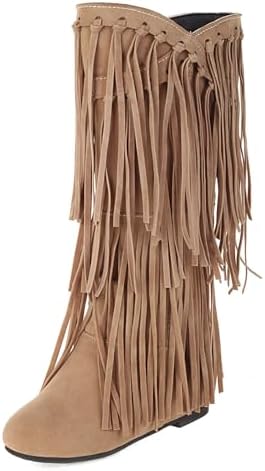 Amazon.com | Elbslutt Faux Suede Fringe Knee High Boots for Women