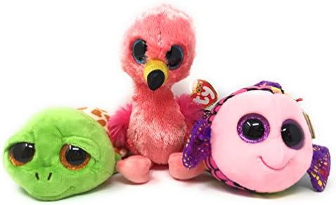 TY beanie boos set of 3, including Zippy the turtle, Gilda the flamingo, and Flippy the fish