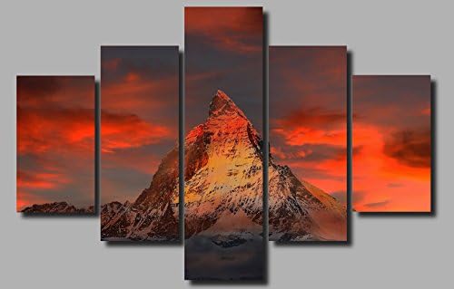LARGE LANDSCAPE MOUNTAINS WINTER ALPS SUNSET CANVAS WALL PICTURE SPLIT MULTI 5 PANEL SET BY FLASH ART 40X28 0266