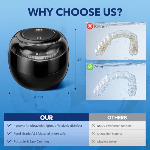 Ultrasonic Retainer Cleaner 45kHz with UV Light 200ml 4 Modes Cleaning Machine for Dentures Retainers Aligners Night Guards Braces Jewellery Rings Necklaces Bracelets Bangles Watches Deep Clean Quiet | Ultrasonic Retainer Cleaner for Dentures, Night Guards, Mouth Guards, Toothbrush Heads, Jewelry