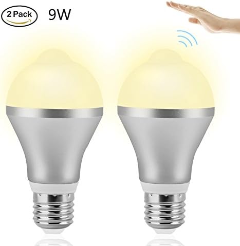 Motion Sensor Light Bulb, 9W E26 PIR LED Bulb Warm White (3000k) Motion Detector Auto On/Off Night Lights Indoor&amp;outdoor for Front Door Garage Carport Basement Corridor Hallway Stairs Attic（2 PACK)