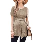 Ekouaer Maternity Tops Short Sleeve Pregnancy Shirts Tee Tunic Casual T Shirt Ribbed Knit Pregnant Clothes Brown L