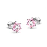 Sterling Silver Rhodium Plated Flower Pink Cubic Zirconia Screwback Baby Girls Earrings