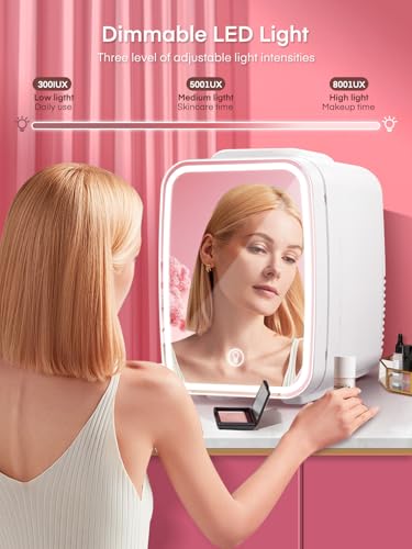 FOHERE Mini Fridge for Bedrooms, 5L/6 Can Portable Skincare Fridge with Dimmable LED Light Mirror, Cooler & Warmer for Food, Drinks and Cosmetic, Small Refrigerator for Home Office