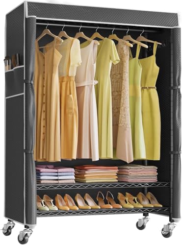 Perchero para Ropa con funda y rudas, Organizador de Metal para Ropa Armario,Perchero de Pie, Closet Organizador, Estante para Balcón, Dormitorio y Lavandería