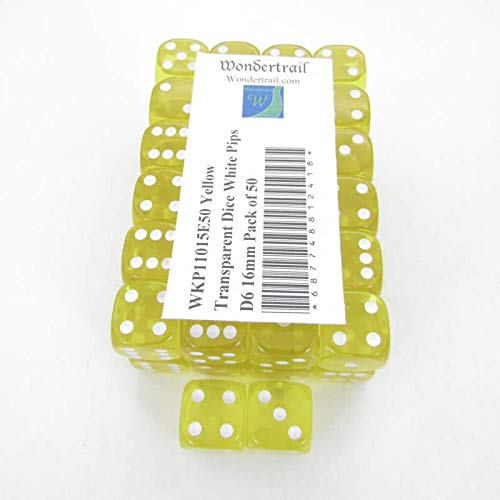 Yellow Transparent Dice with White Pips Rounded Corners D6 16mm (5/8in) Pack of 50 Wondertrail