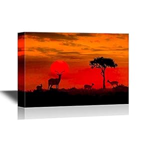 African Savanna Sunset Canvas Wall Art - Deers on African Savannah at Sunset - Gallery Wrap Modern Home Art | Ready to Hang - 12x18 inches
