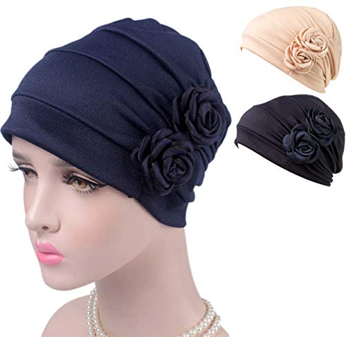 DancMolly Chemo Turban Cancer Ruffle Headband Beanie Cap Muslim Scarf Ethnic Cloth (Beige+Navy Blue)