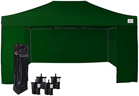 UNIQUECANOPY 500D Enhanced 10x15 Ez Pop up Canopy Portable Folded Commercial Canopy Car Shelter Wedding Party Show Tent with 4 Zippered Side Walls and Wheeled Carrying Bag Dark Green