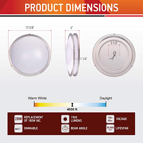 OSTWIN 18" Large Size LED Ceiling Light Fixture Flush Mount, Dimmable, Round 28 Watt (180W Repl.) 5000K Daylight, 1960 Lm, Nickel Finish with Acrylic Shade ETL and Energy Star Listed