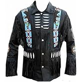 R M Fringes Western Cowboy Leather Jacket For Men's Suede & Eagle Beaded Coat Native American Wears -Black (Large)