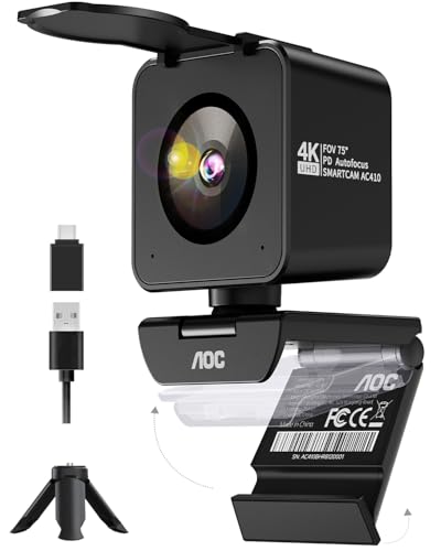 AOC UHD Webcam 4K, Webcam with Lens Cover & Dual Microphone, 75° Streaming Camera with Auto Focus, Automatic Light Correction, Plug & Play, PC Camera for Conferences, FaceTime, Linux, Win10, Mac OS